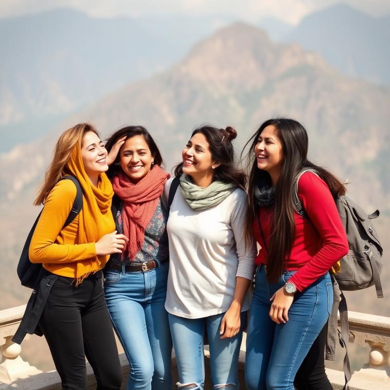 Group of women travelers at viewpoint