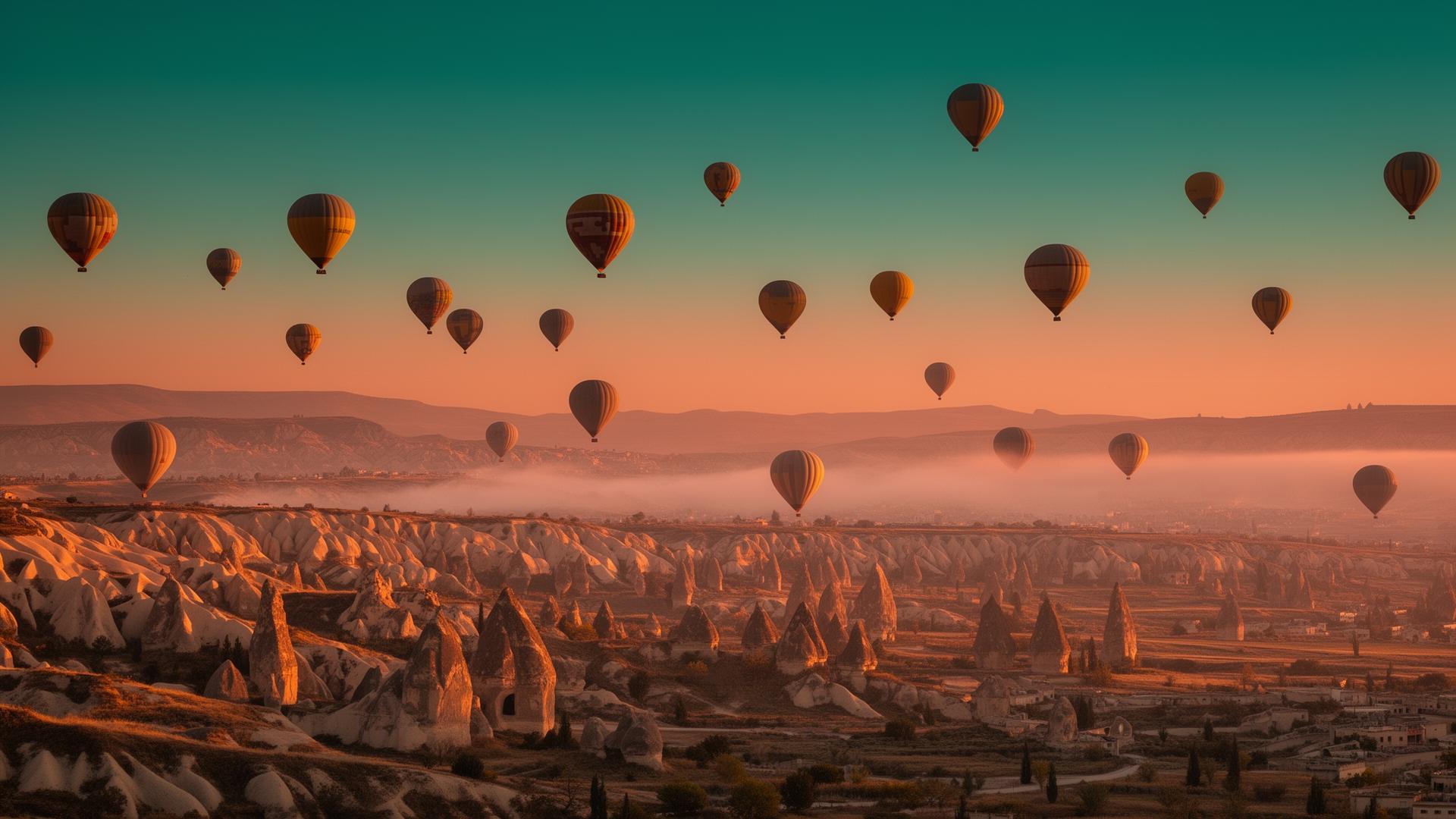 Hot air balloons rising over Cappadocia’s fairy chimneys at sunrise