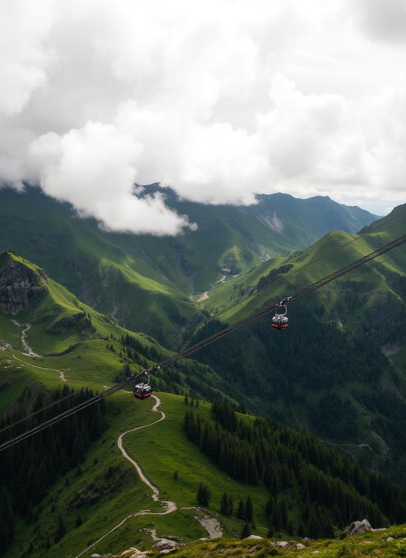 Cable cars over the green Shahdag mountains